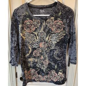 Rock 47 By Wrangler Womens Med Black Floral Half Sleeve Shirt